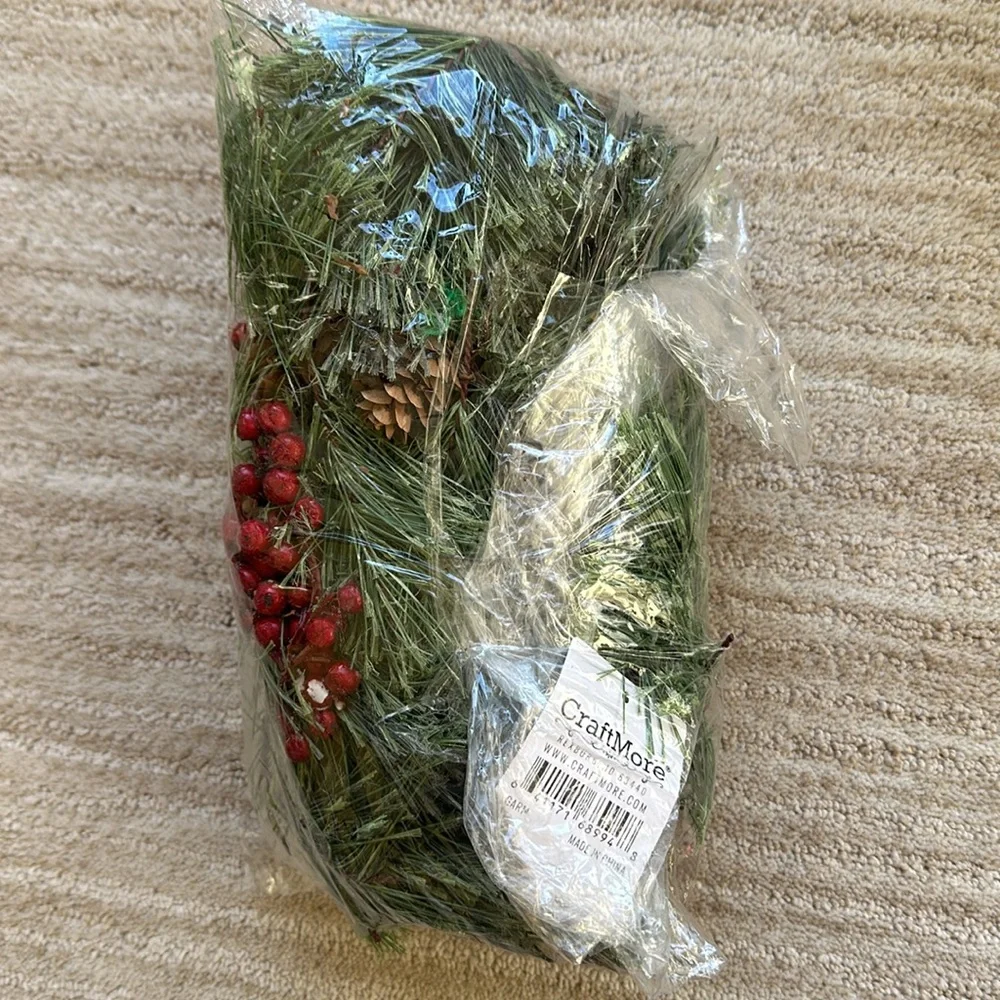 Set of 3 CraftMore Christmas Smokey Pine and Red Berry Garland 6 Feet Strands
